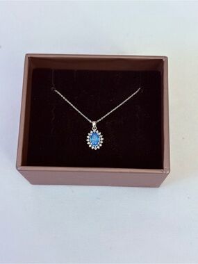 Blue Topaz Oval Necklace 14k Solid Gold Real Diamond Halo